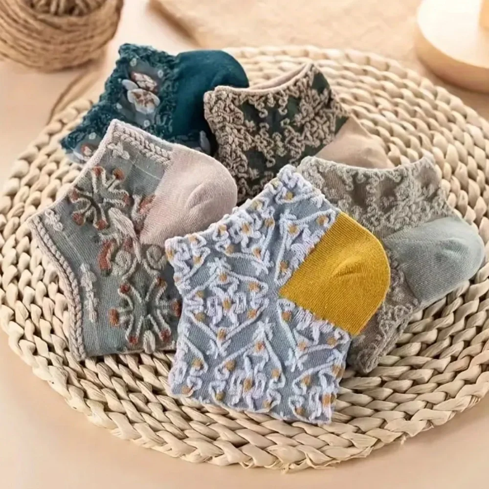 Women Blue Green Embroidered Floral Lightweight Soft Ankle Socks Hosiery 5 Pairs